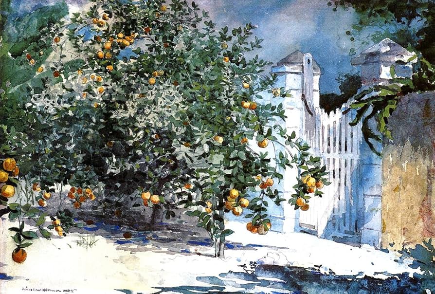 Mediterranean watercolor painting with orange trees
