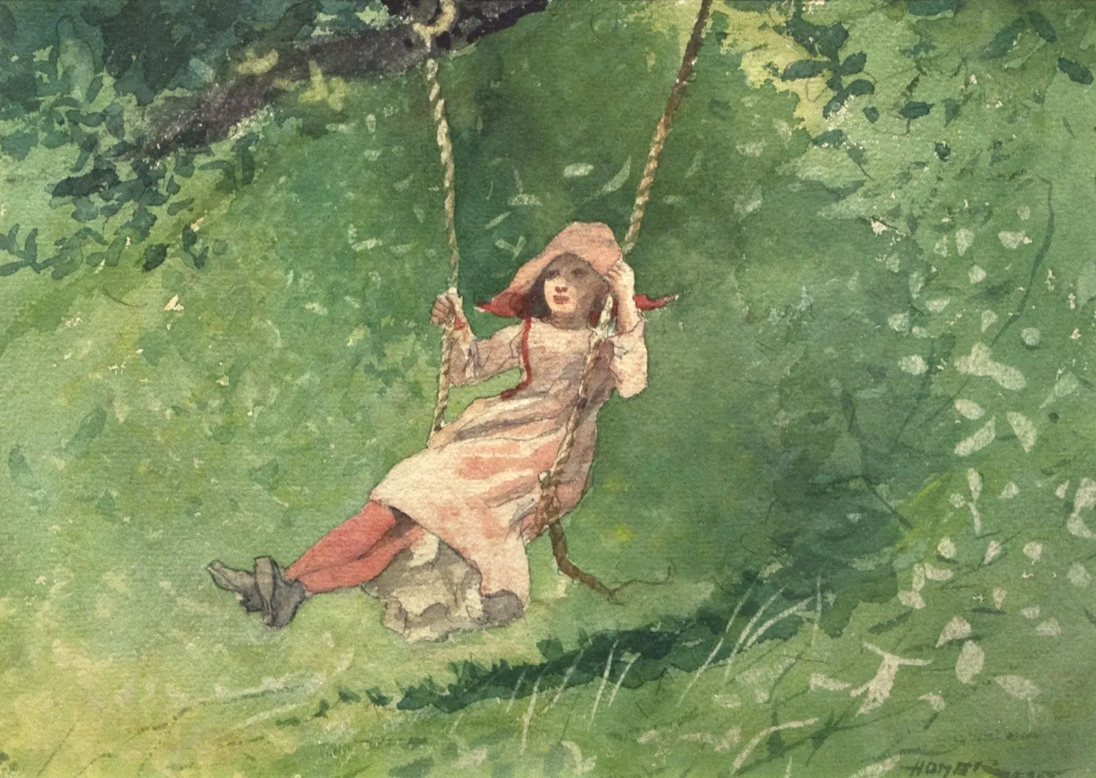Watercolor of a child on a swing framed by trees